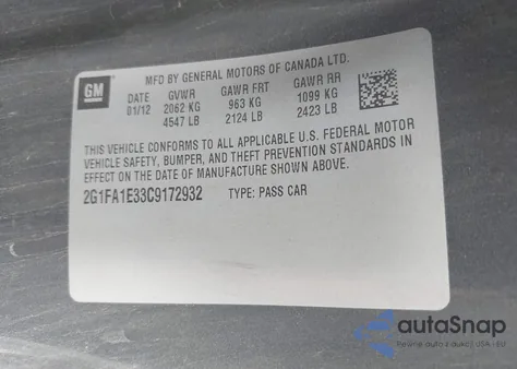 2012 Chevrolet Camaro 2Ls из США, поврежденный, VIN 2G1FA1E33C9172932